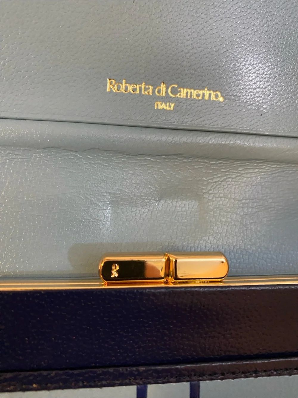 Roberta di Camerino Sky Blue Leather Belt-Motif Wallet with Navy Trim